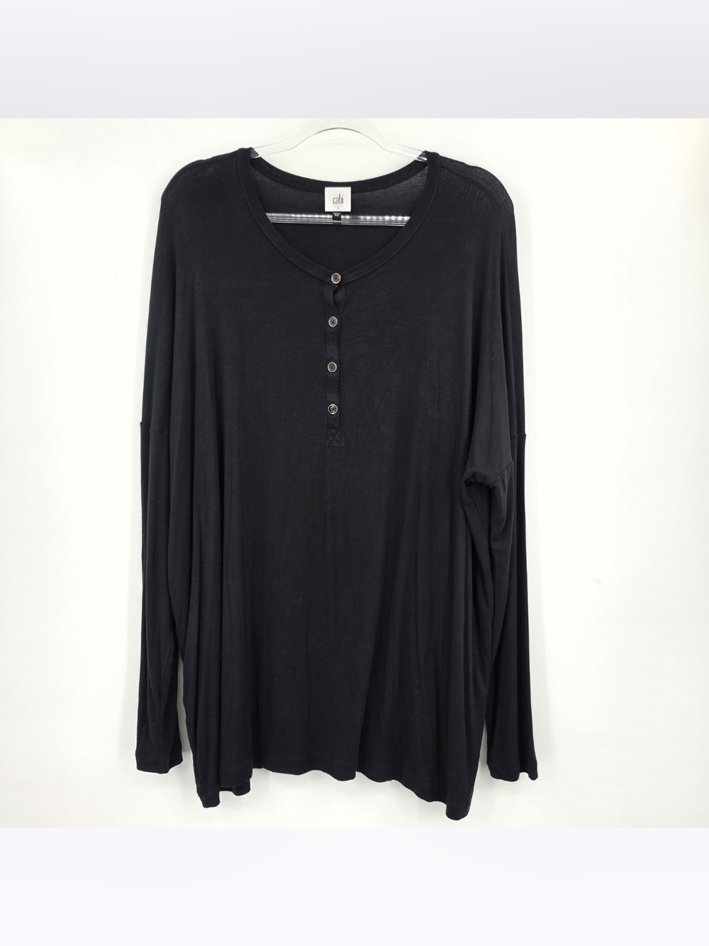 Cabi Shine Henley Swing Tee Large Oversized Black Long Sleeve